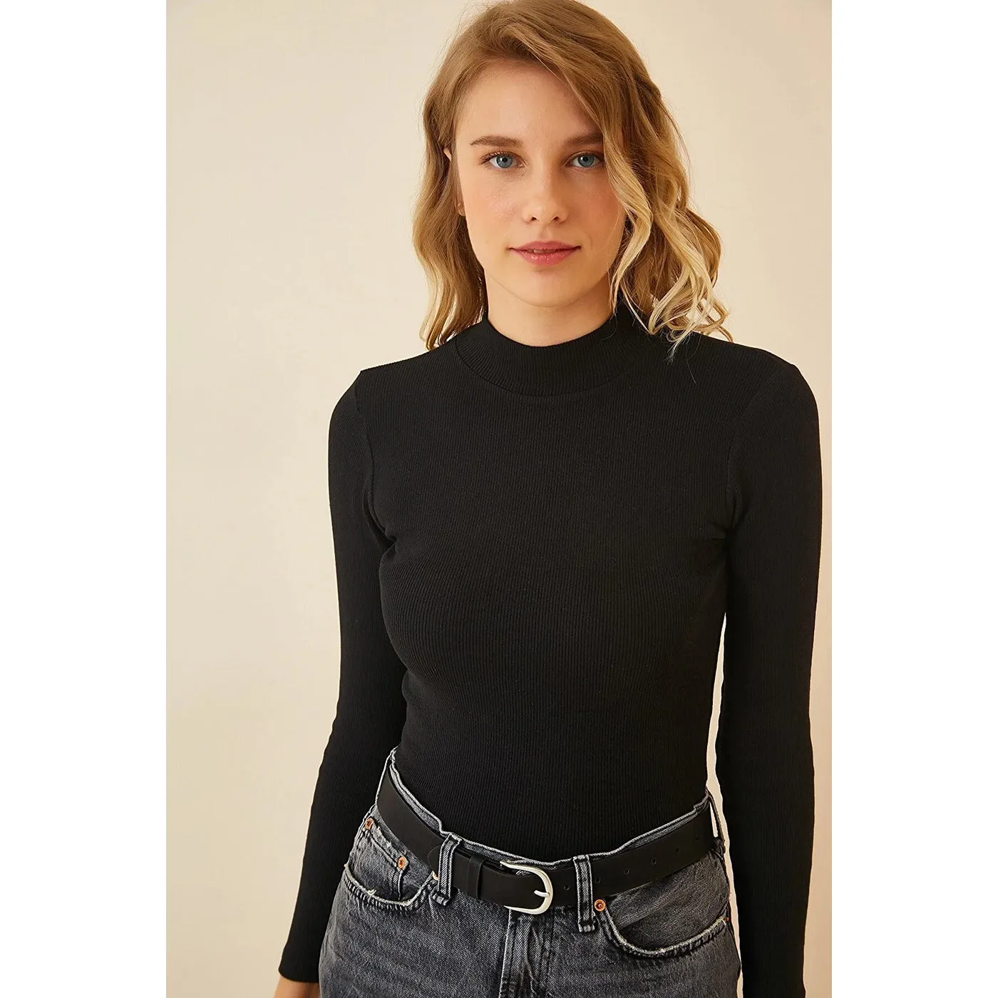 Black Turtleneck Ribbed Knitted Blouse