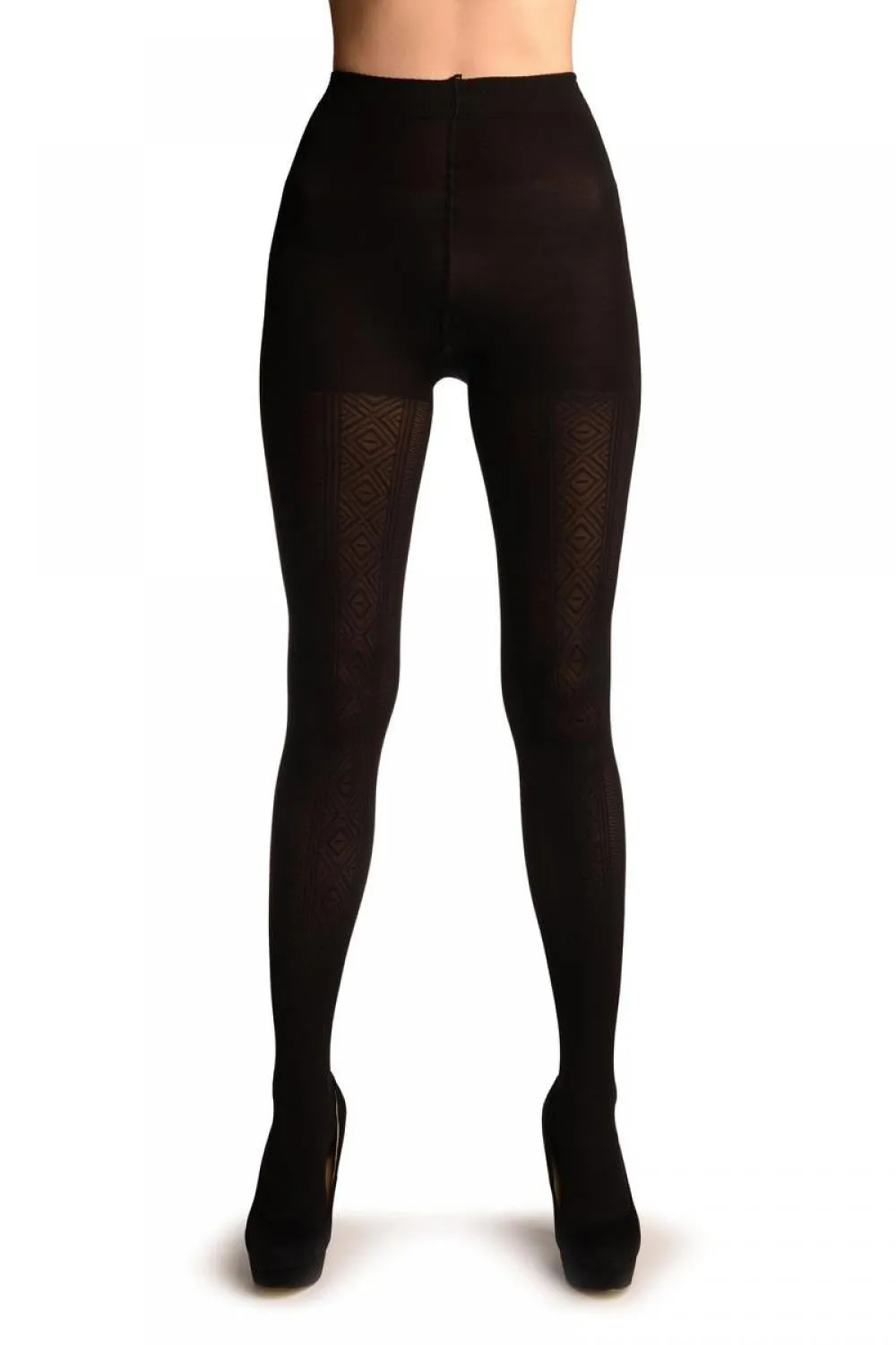 Black With Woven Rhombi Stripes Tights