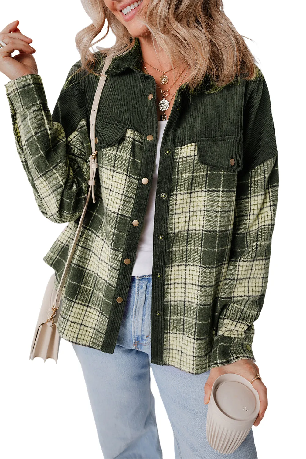 Blackish Green Snap Buttons Patchwork Plaid Shacket