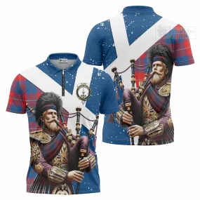 Blane Tartan Zipper Polo Shirt with Family Crest Scottish Bagpiper Vibes