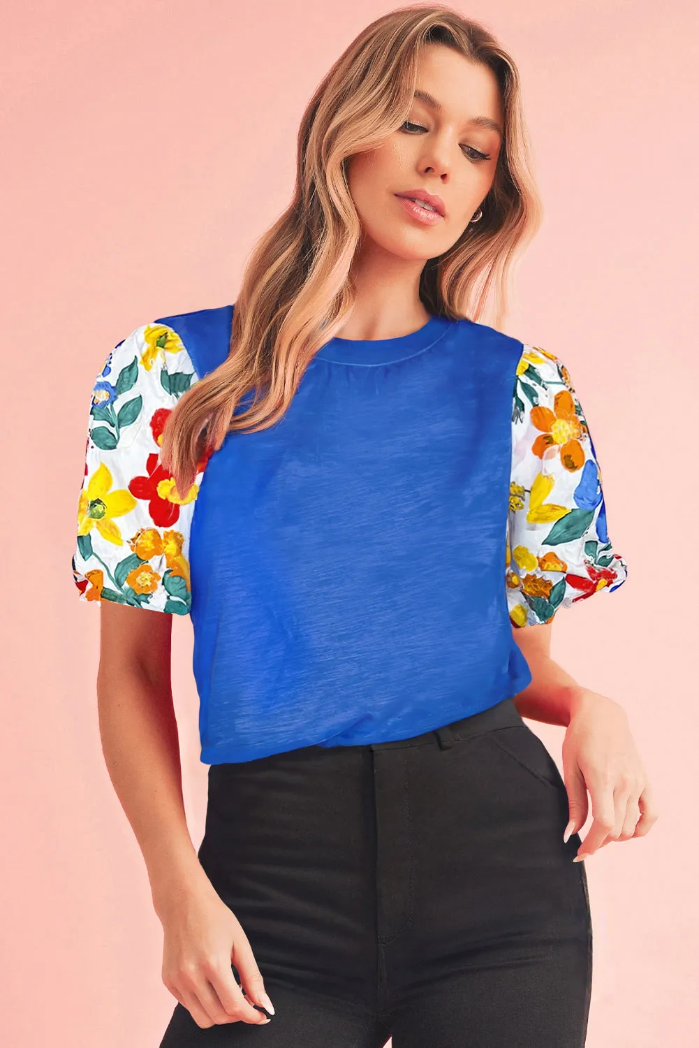 Blue Floral Print Puff Sleeve Round Neck Blouse