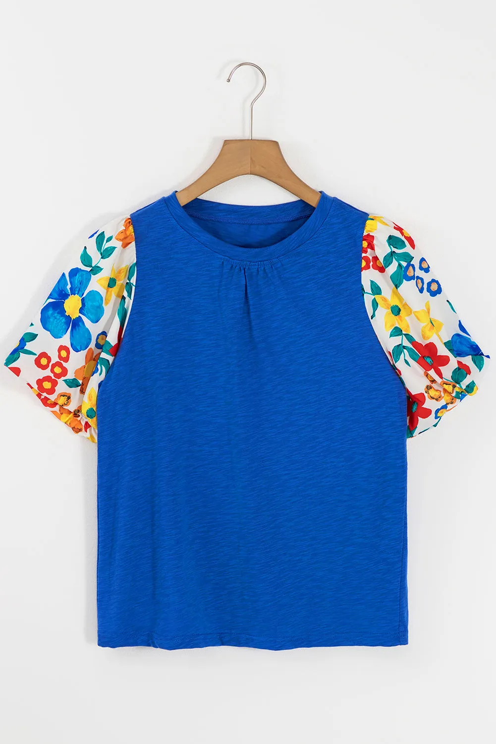 Blue Floral Print Puff Sleeve Round Neck Blouse