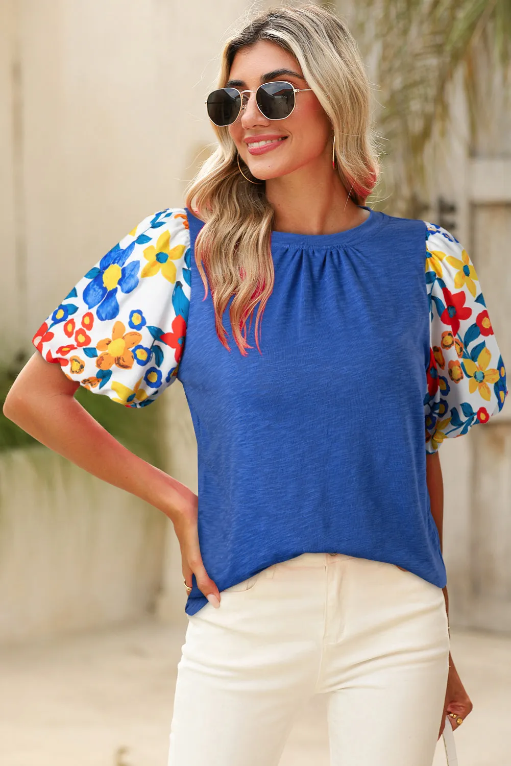 Blue Floral Print Puff Sleeve Round Neck Blouse