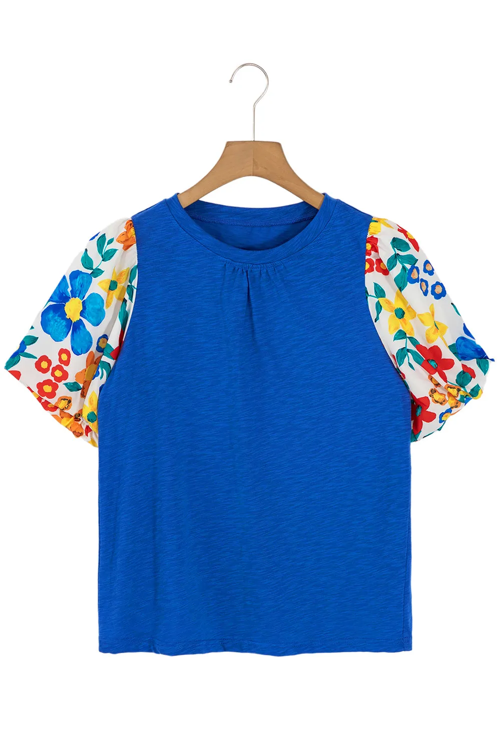 Blue Floral Print Puff Sleeve Round Neck Blouse