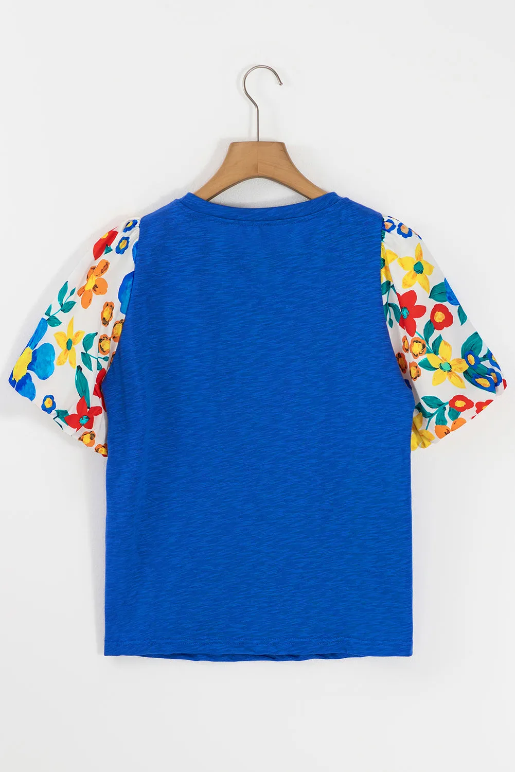 Blue Floral Print Puff Sleeve Round Neck Blouse