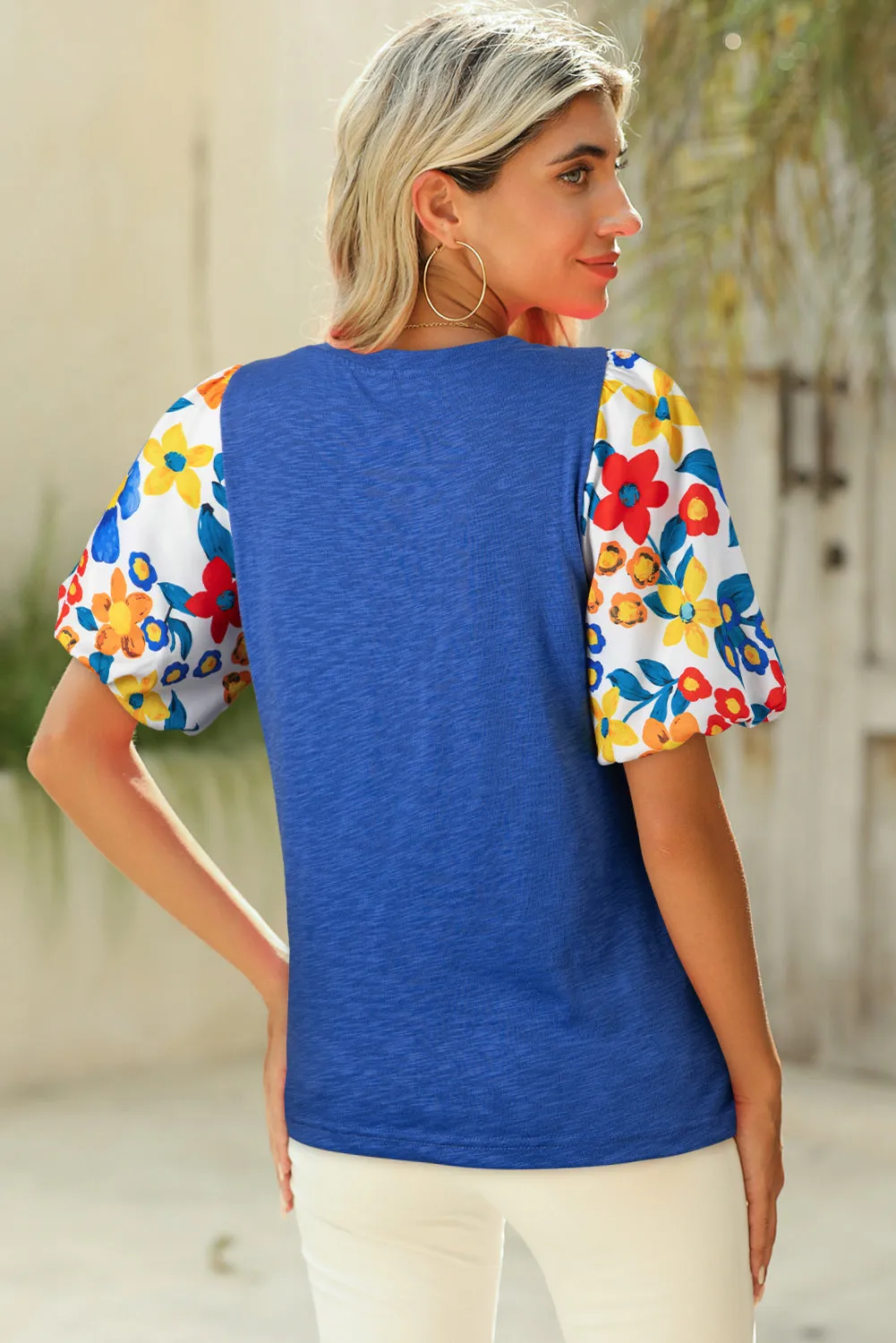 Blue Floral Print Puff Sleeve Round Neck Blouse