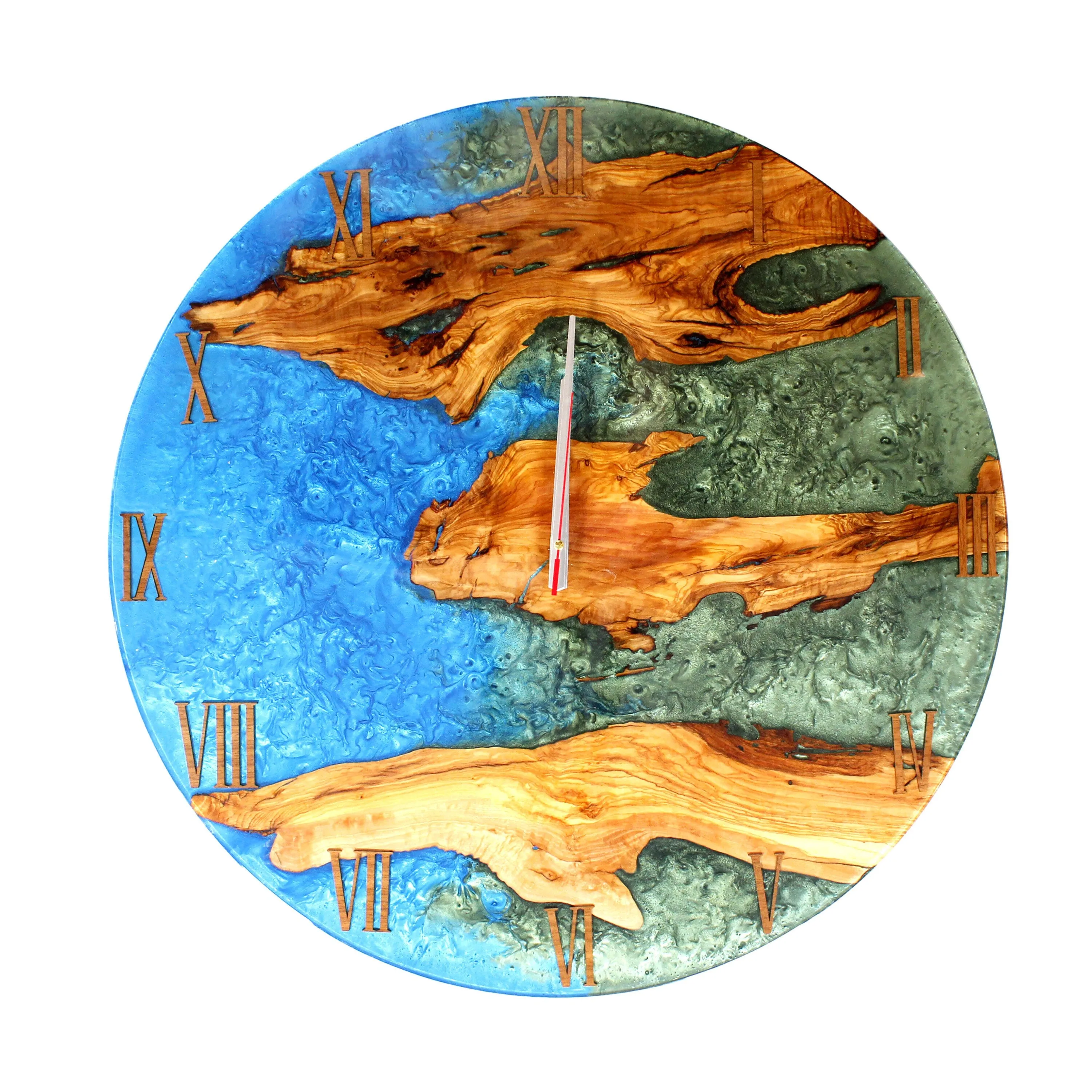 Blue Green Resin Epoxy Wall Clock Live Edge Olive Wood - 28 Inches