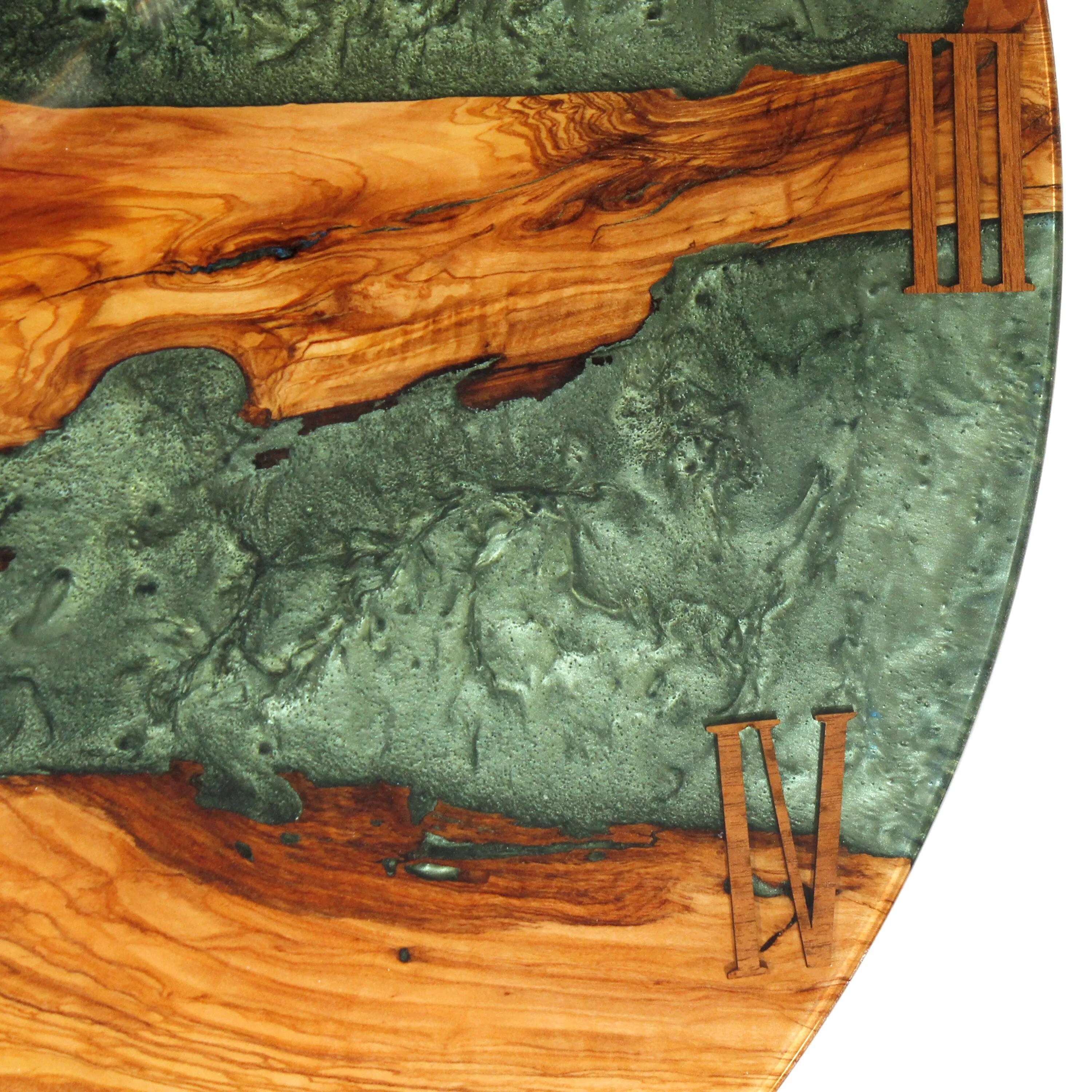 Blue Green Resin Epoxy Wall Clock Live Edge Olive Wood - 28 Inches