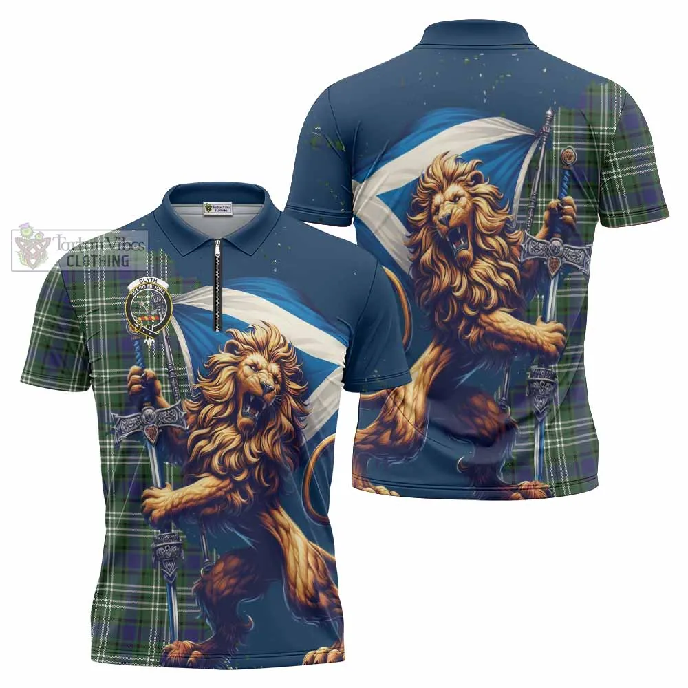 Blyth Tartan Family Crest Zipper Polo Shirt with Scottish Majestic Lion