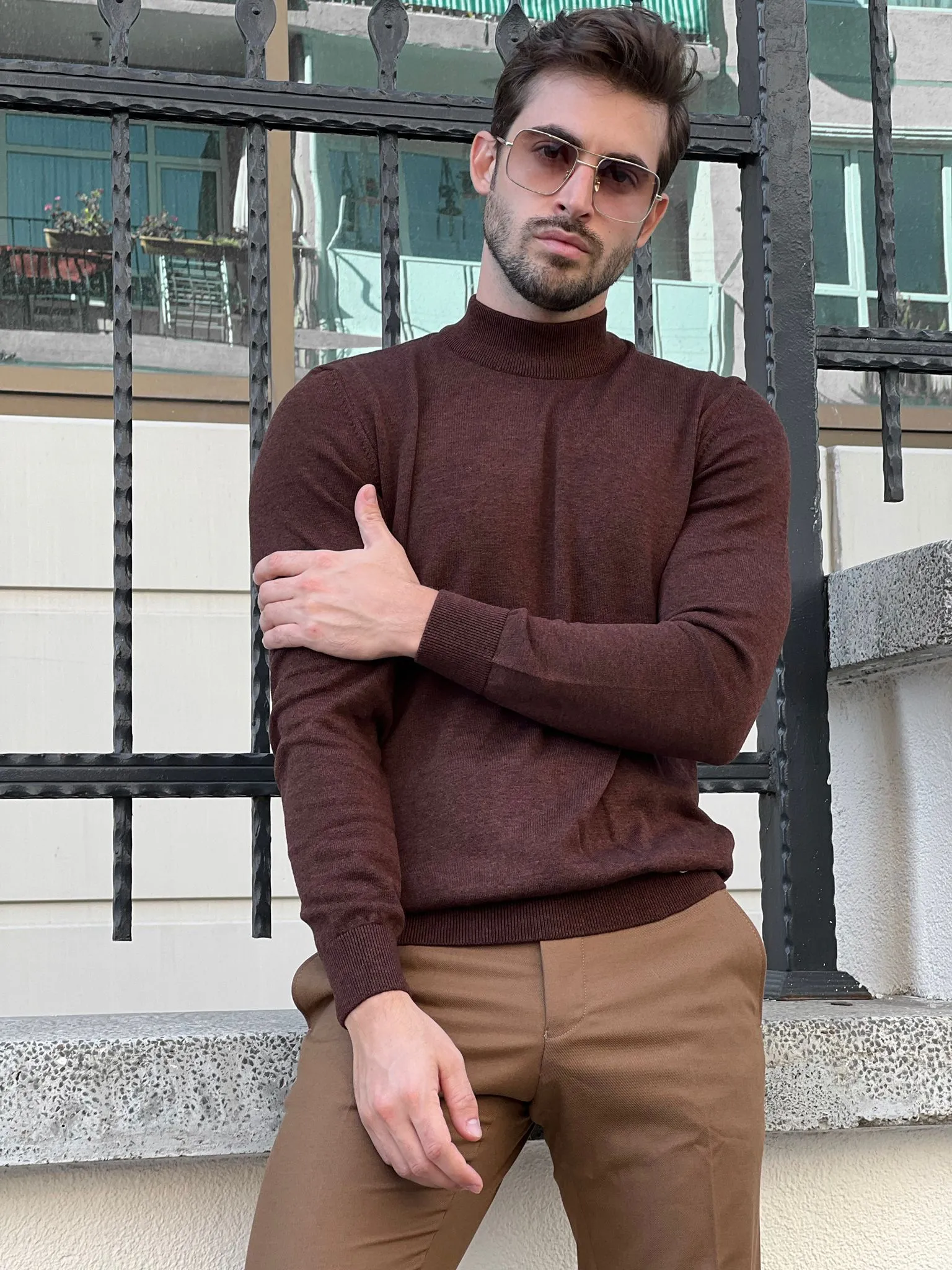 Bojoni Astoria Slim Fit Brown Turtleneck Sweater