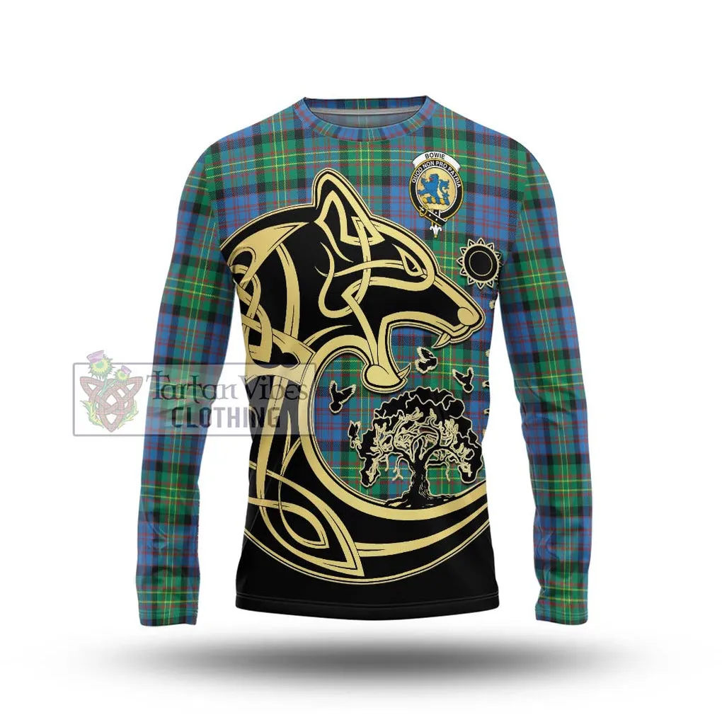 Bowie Ancient Tartan Long Sleeve T-Shirt with Family Crest Celtic Wolf Style