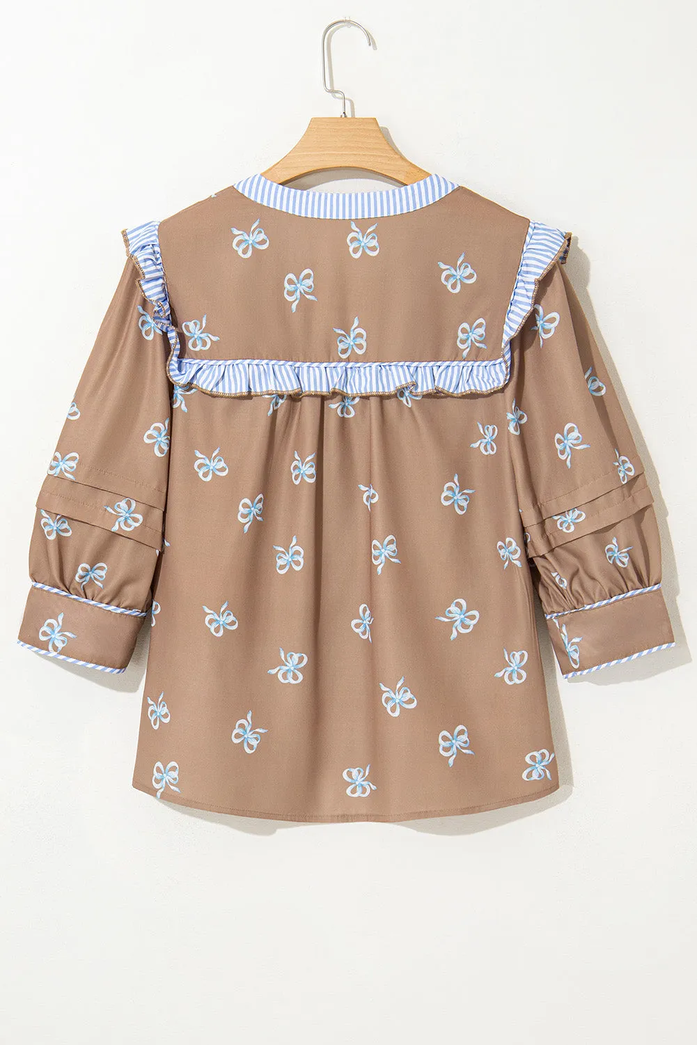 Brown Bow Print V Neck Puff Sleeve Blouse