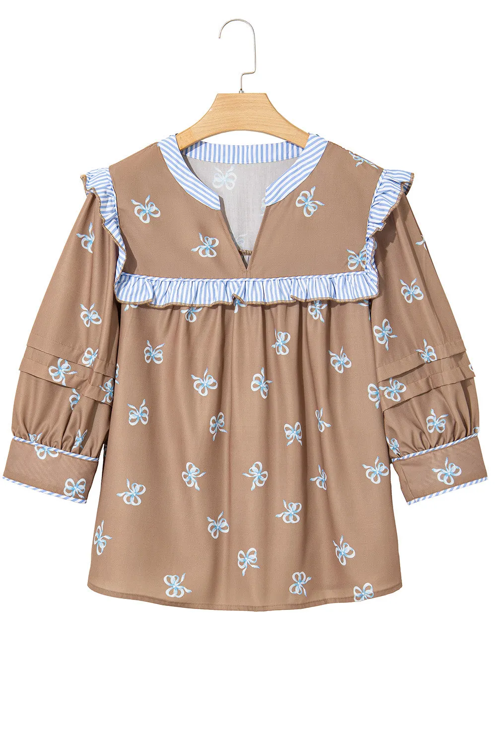 Brown Bow Print V Neck Puff Sleeve Blouse