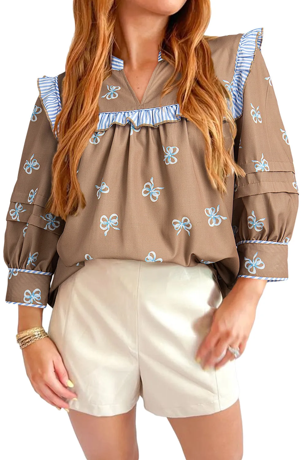 Brown Bow Print V Neck Puff Sleeve Blouse