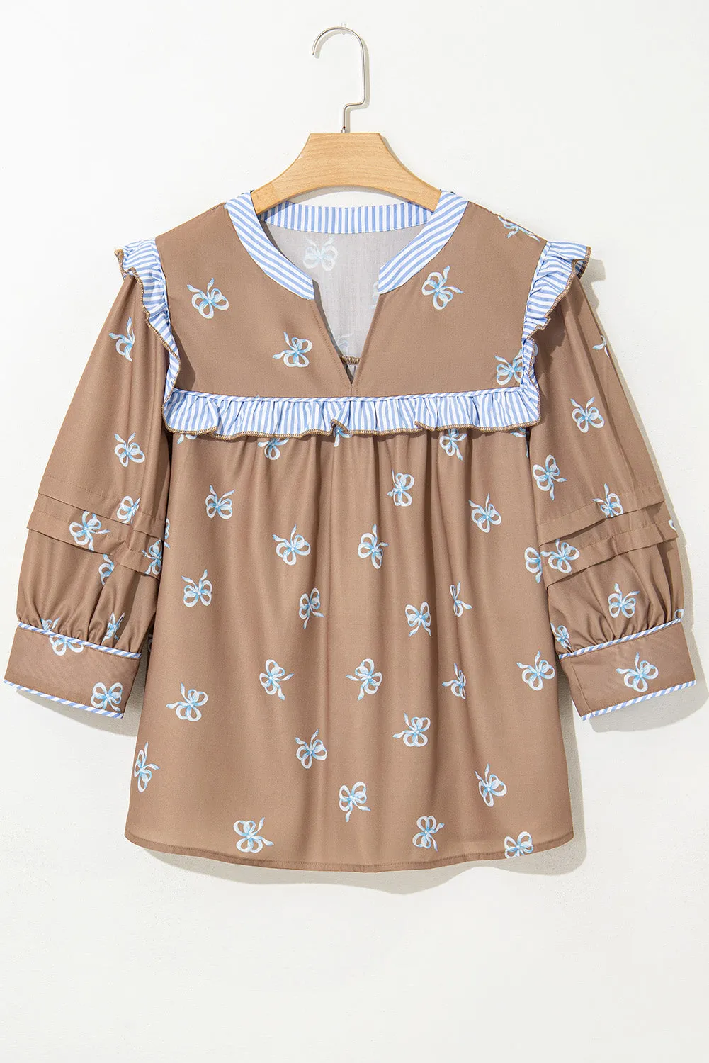 Brown Bow Print V Neck Puff Sleeve Blouse