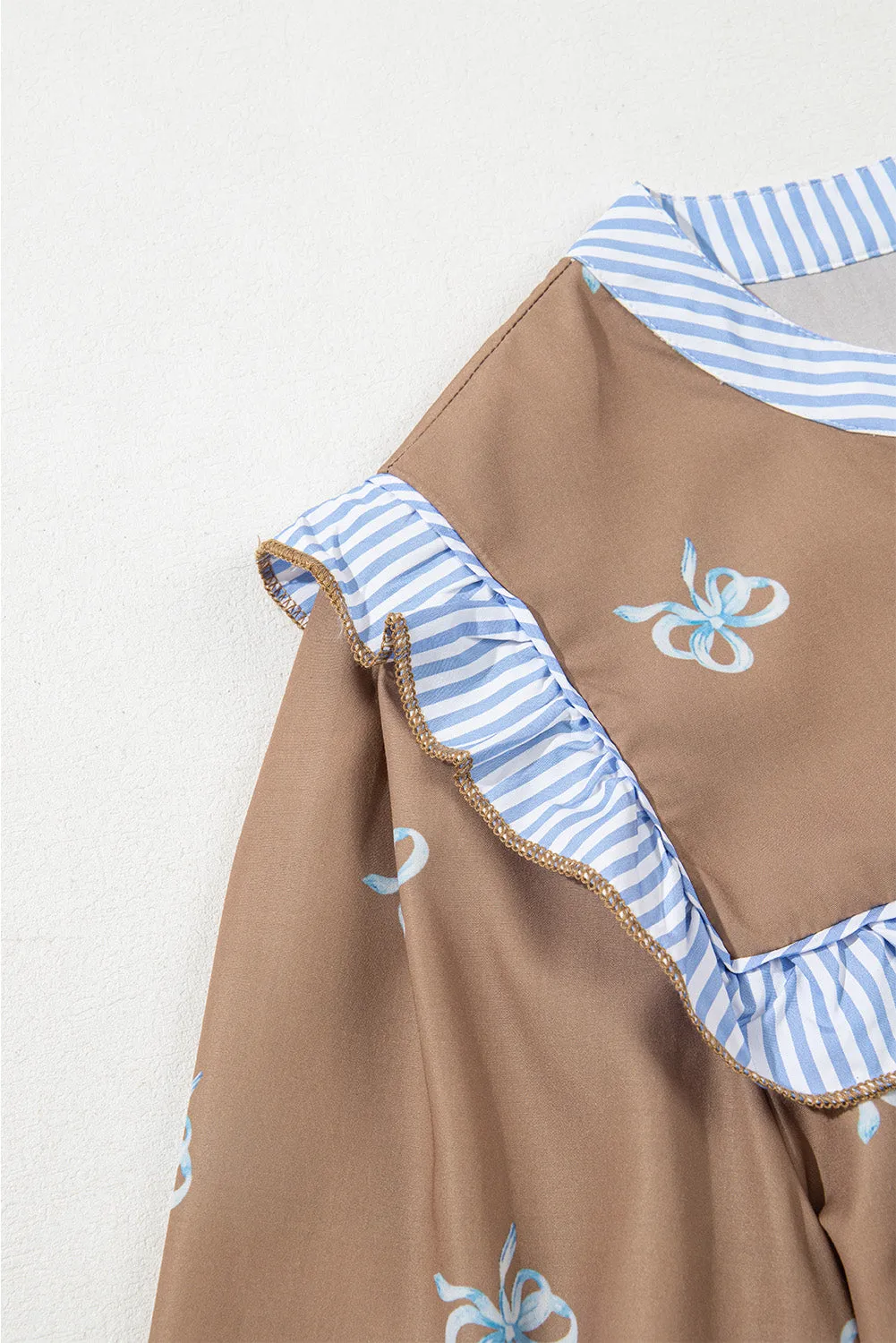 Brown Bow Print V Neck Puff Sleeve Blouse