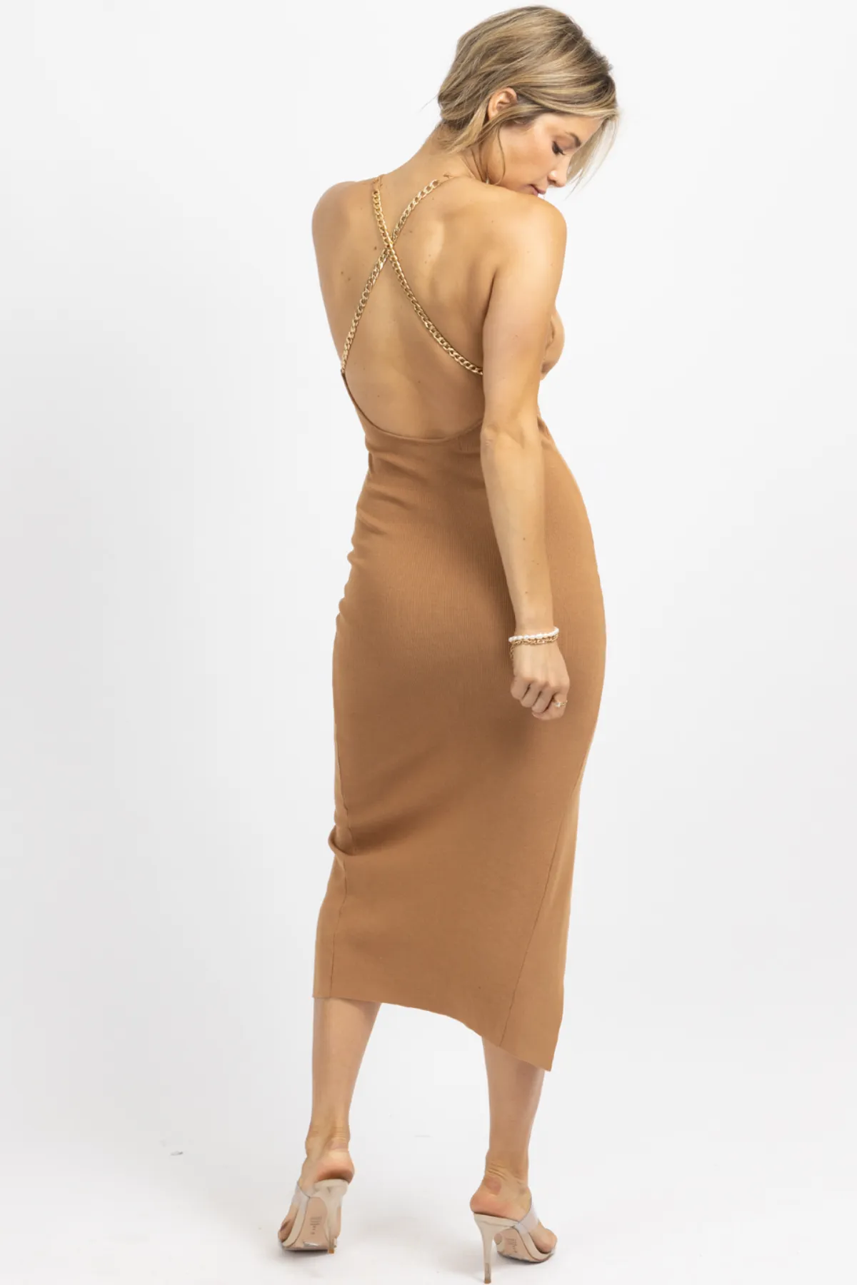 BROWN GOLD CHAIN CROSSBACK MIDI DRESS