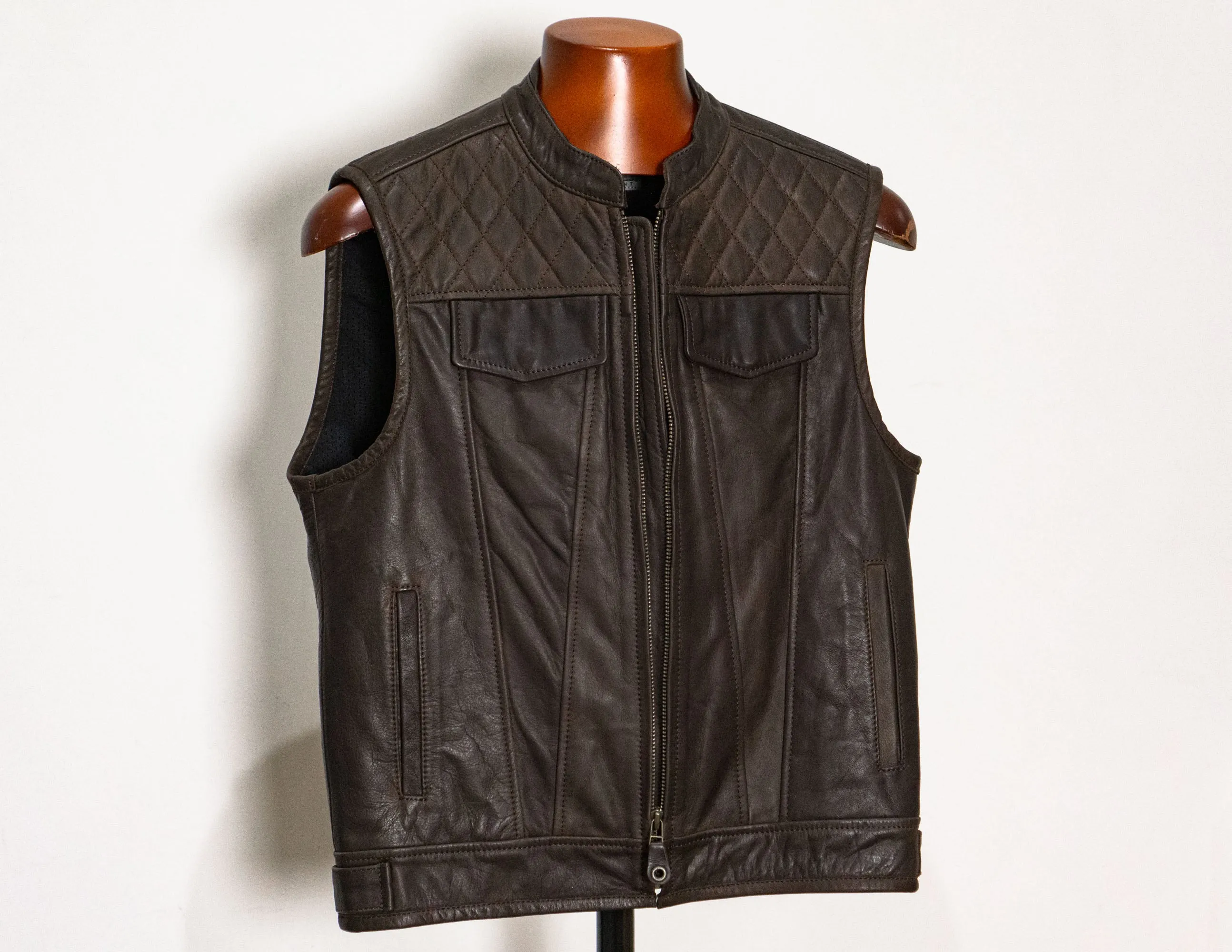 Brown Leather Vest, Motorcycle Vest Diamond Stitched | HandCrafted