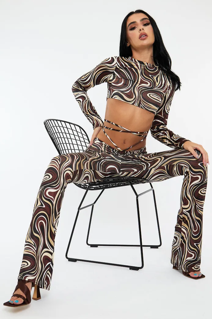 Brown Marble Print Crop Top & Tie Waist Trouser Set - Stevii