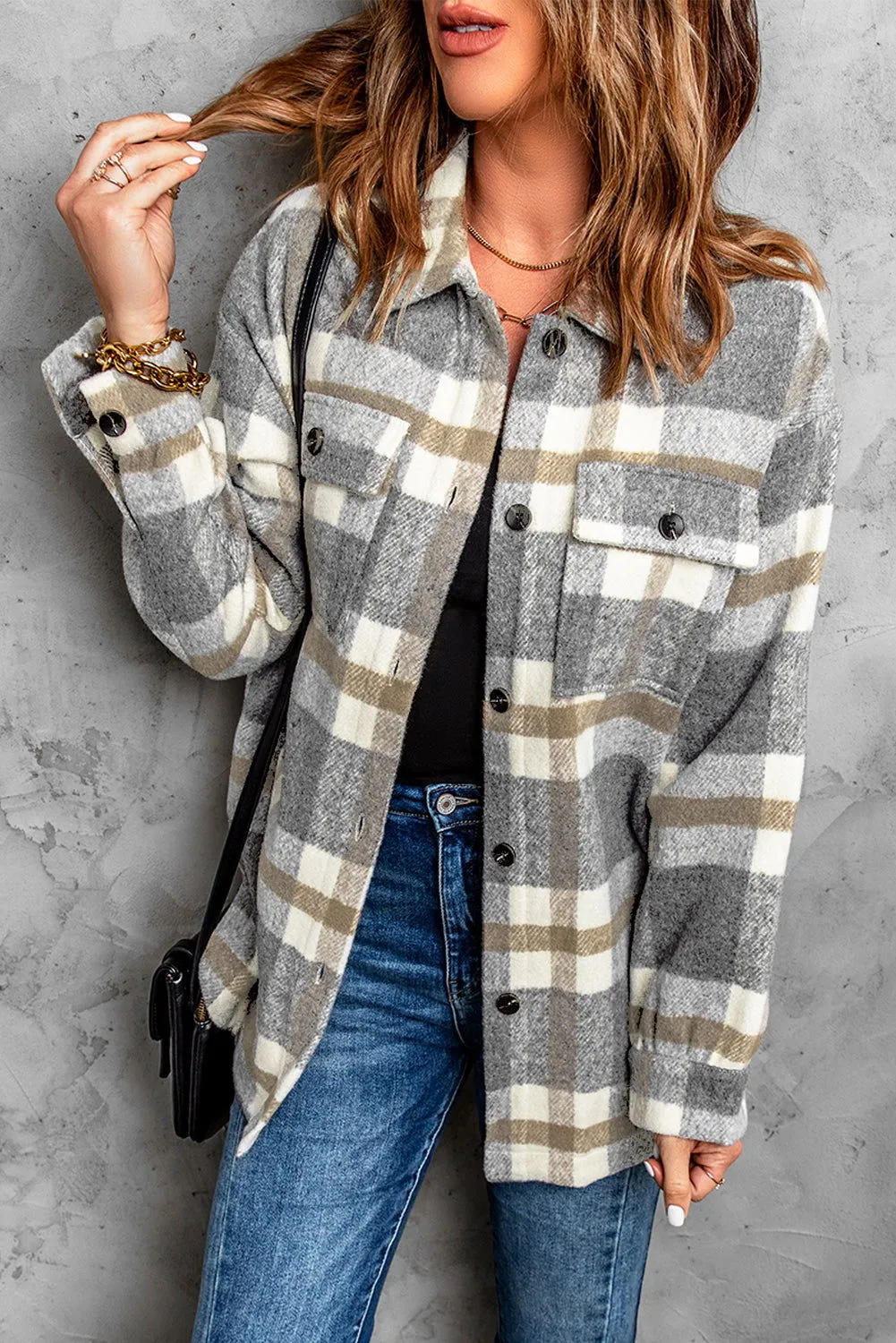 Brown Plaid Print Casual Pocket Shacket