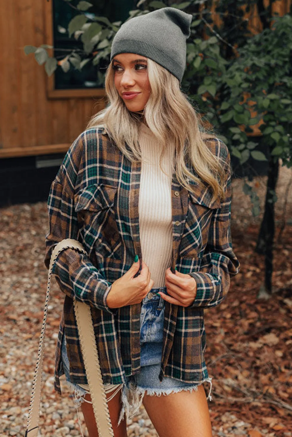 Brown Plaid Print Chest Pockets Buttoned Shirt Jacket