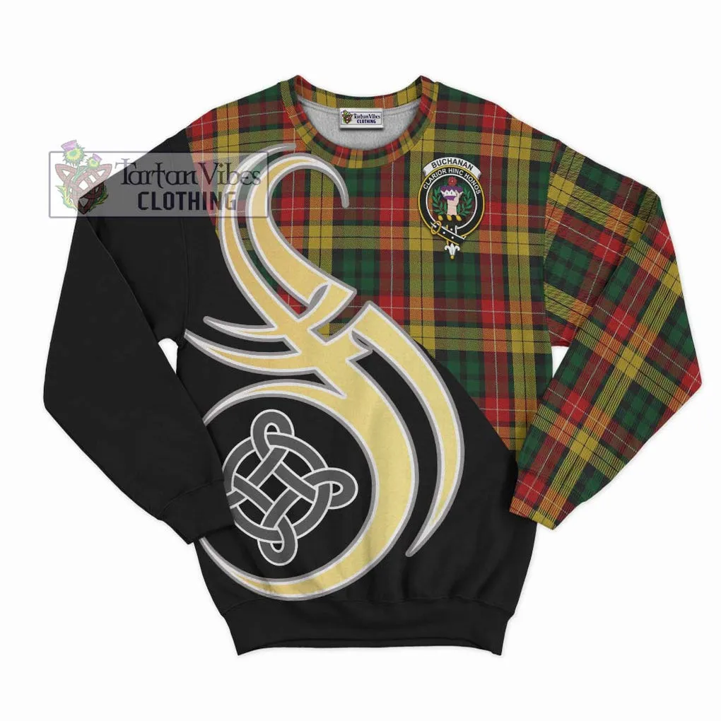 Buchanan Tartan Sweatshirt with Family Crest and Celtic Symbol Style