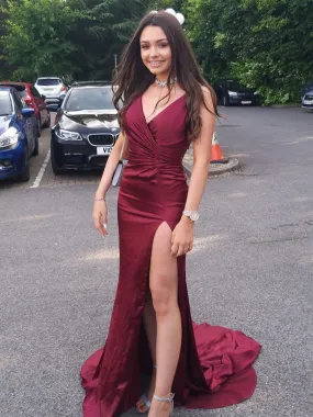 Burgundy V Neck Mermaid Long Prom with Slit, Mermaid Burgundy Formal, Burgundy Evening