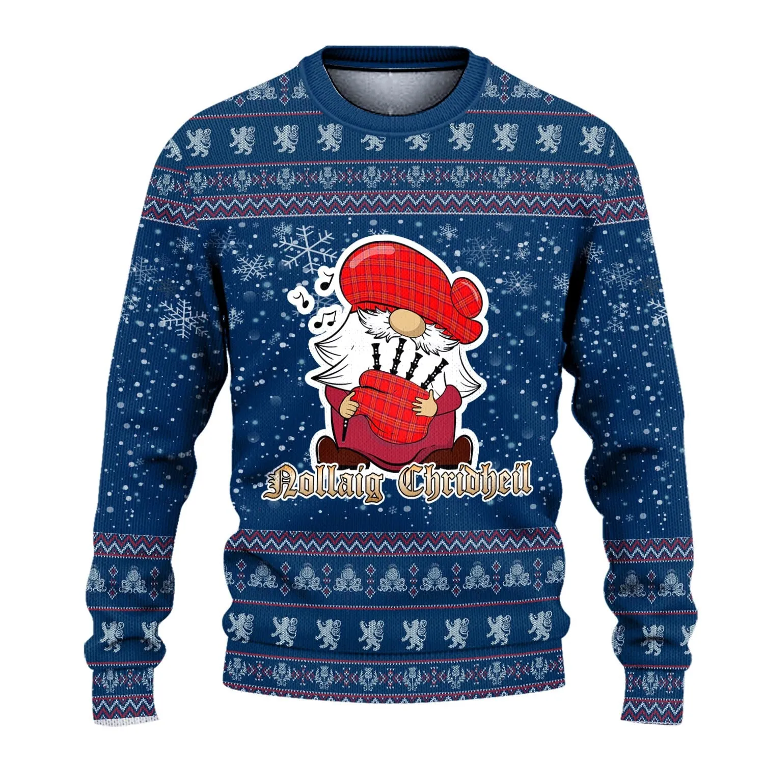 Burnett Modern Clan Christmas Family Ugly Sweater with Funny Gnome Playing Bagpipes