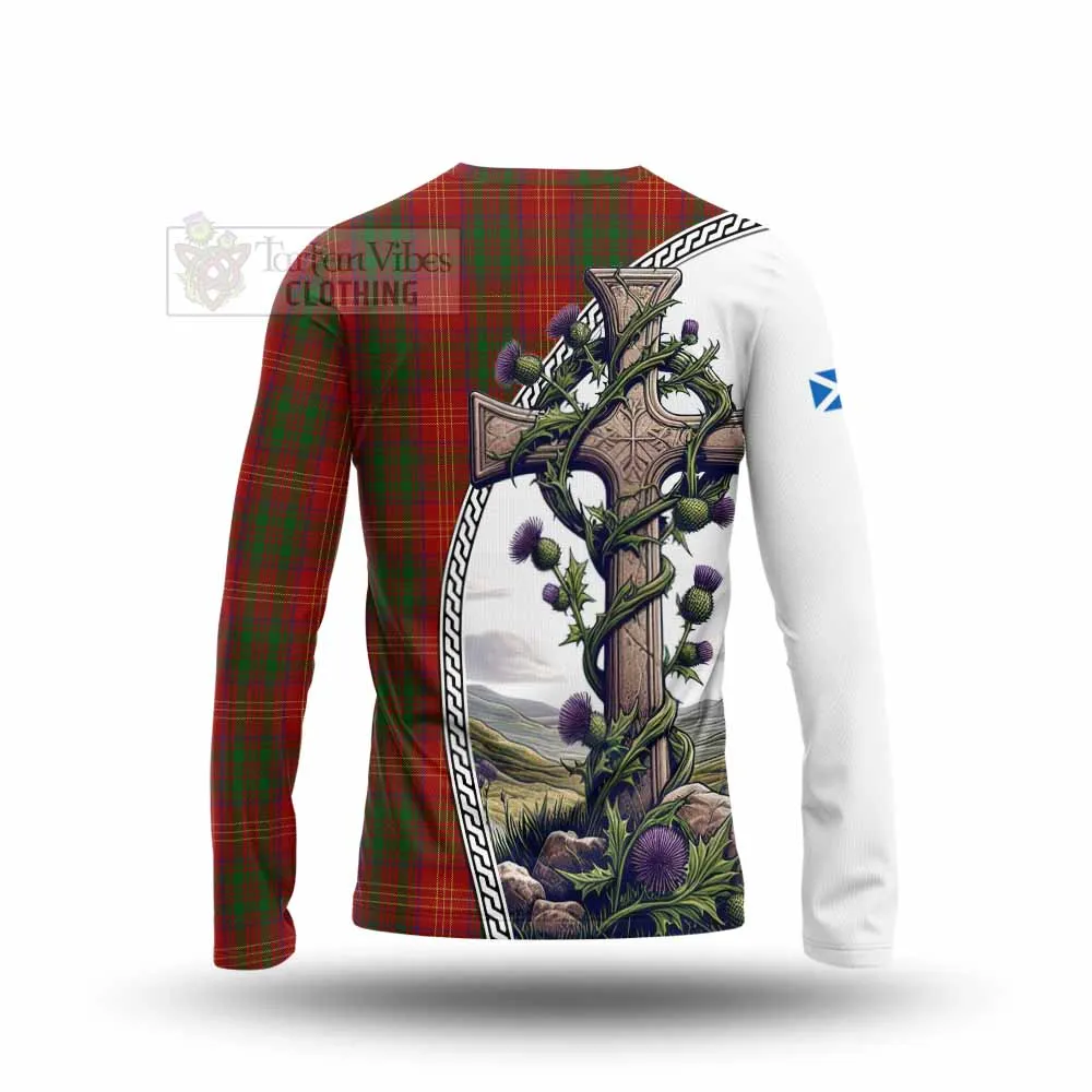 Burns Tartan Long Sleeve T-Shirt with Family Crest and St. Andrew's Cross Accented by Thistle Vines