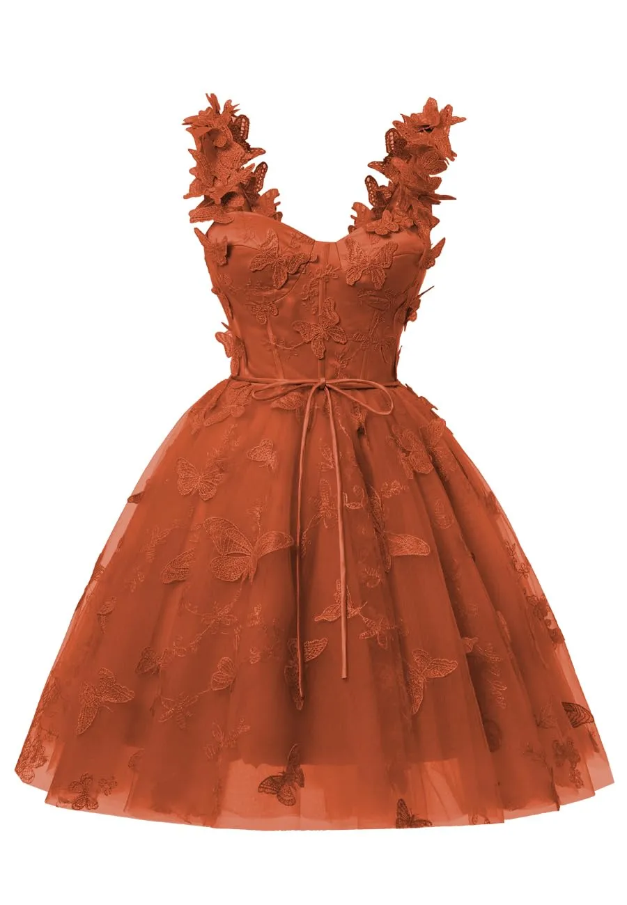 Burnt Orange 3D Butterfly Lace Applique Tulle Homecoming Dress for Teens Sweetheart Mini Short Prom Dresses