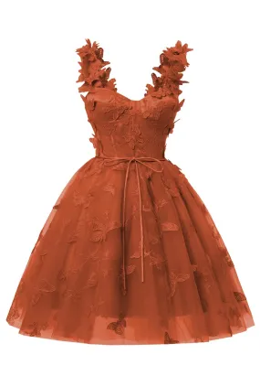 Burnt Orange 3D Butterfly Lace Applique Tulle Homecoming Dress for Teens Sweetheart Mini Short Prom Dresses