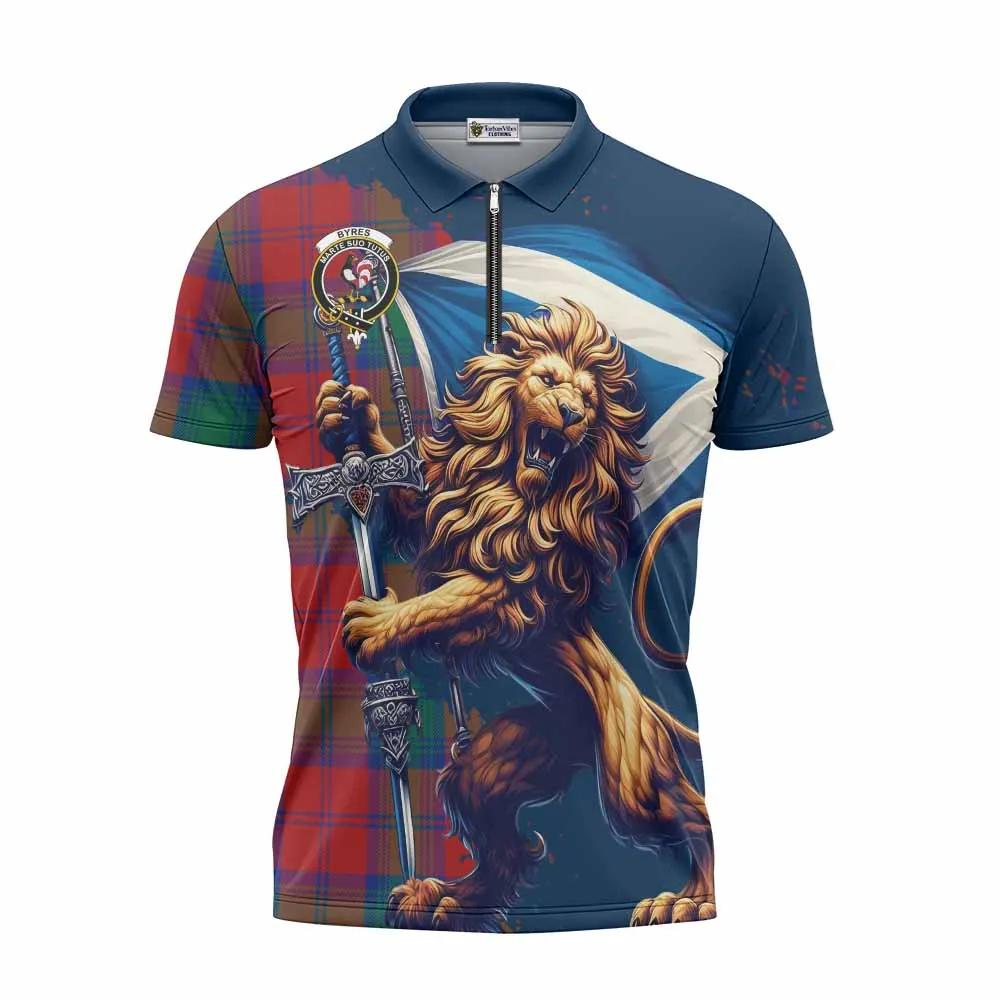 Byres (Byses) Tartan Family Crest Zipper Polo Shirt with Scottish Majestic Lion