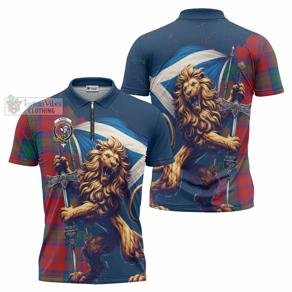 Byres (Byses) Tartan Family Crest Zipper Polo Shirt with Scottish Majestic Lion