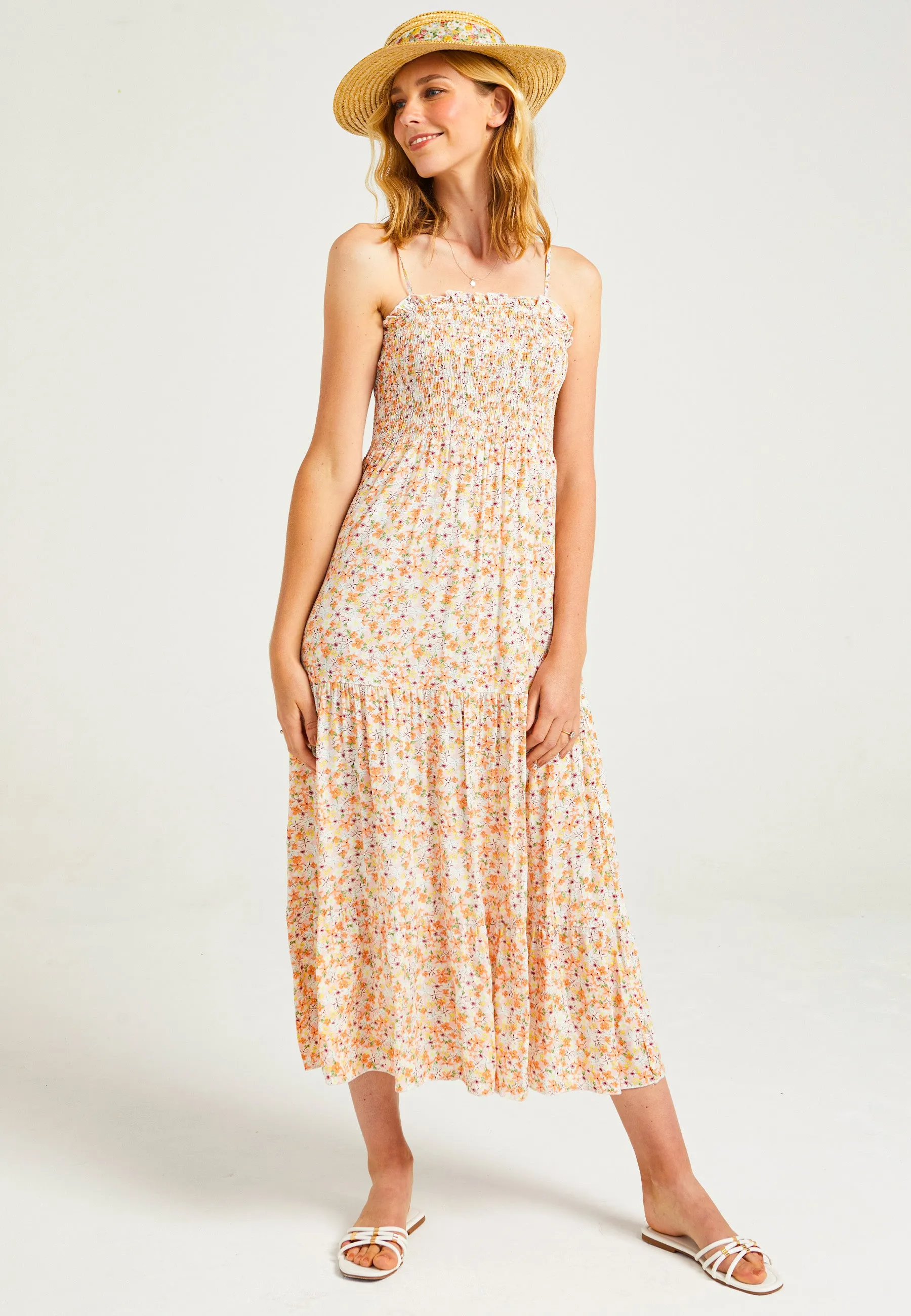 Cami Shirred Tiered Midi Dress in Ditsy Floral Print