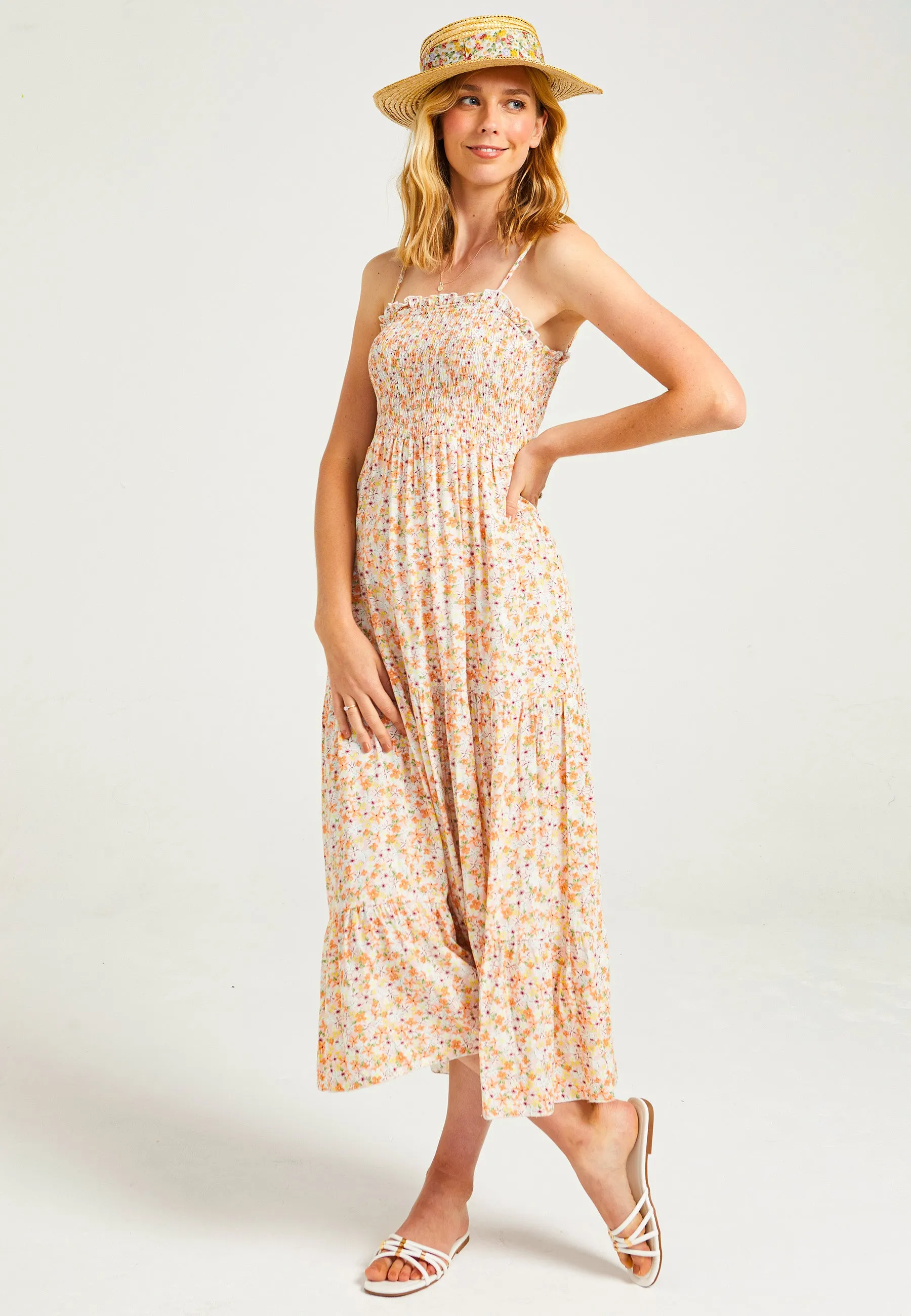 Cami Shirred Tiered Midi Dress in Ditsy Floral Print