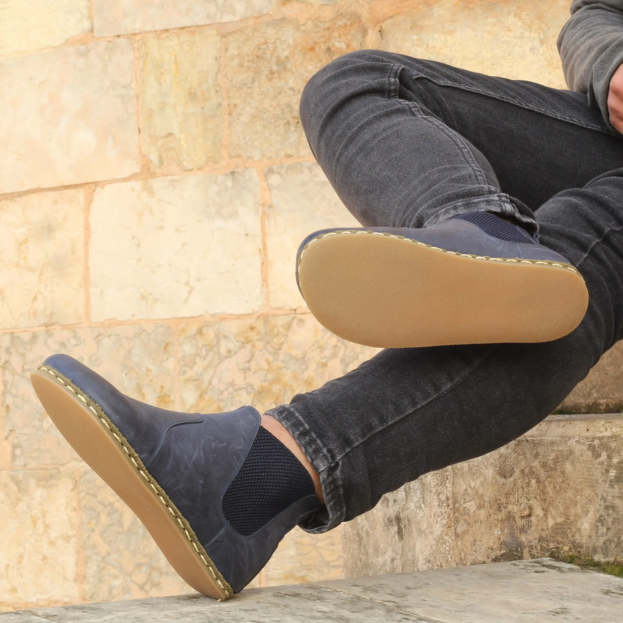 Chelsea Barefoot Boots Navy Blue Handmade Men's