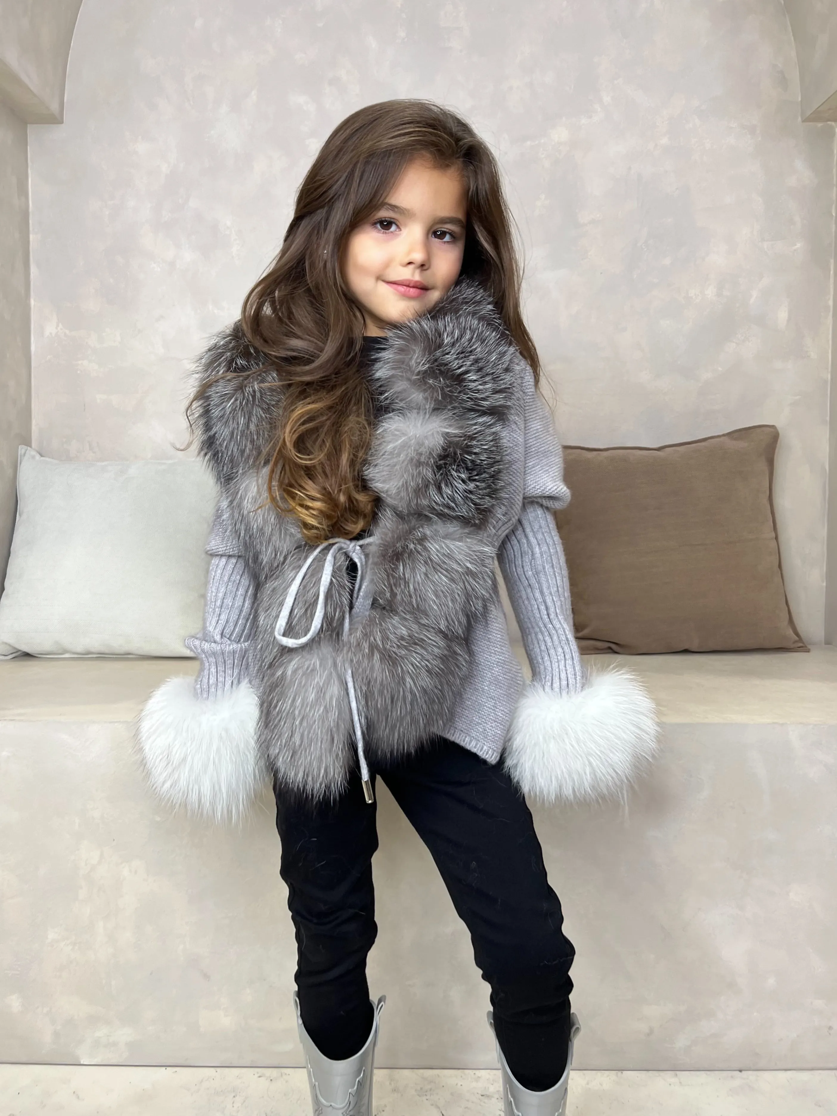 Childrens Grey/Two Tone Luxury Fur Cardigan