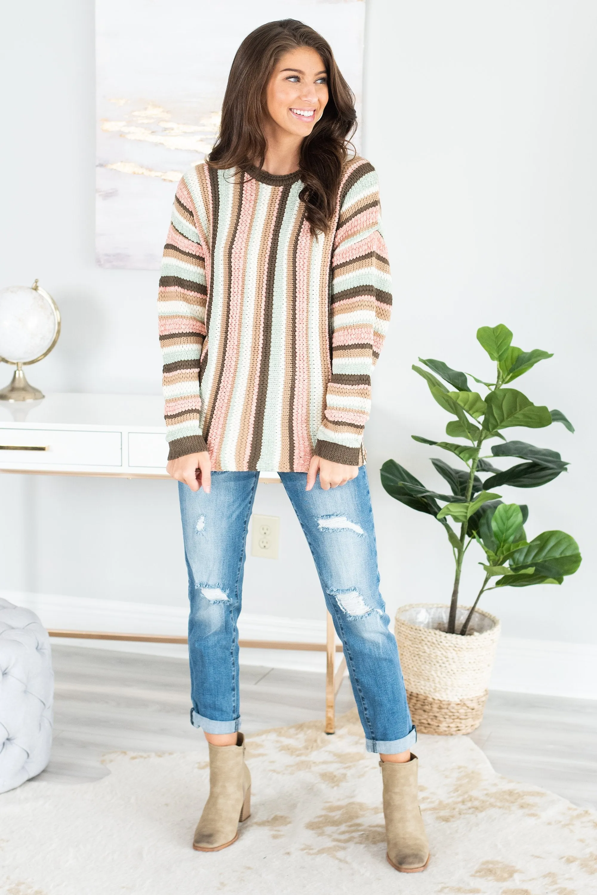 Chill Out Olive Green Striped Sweater