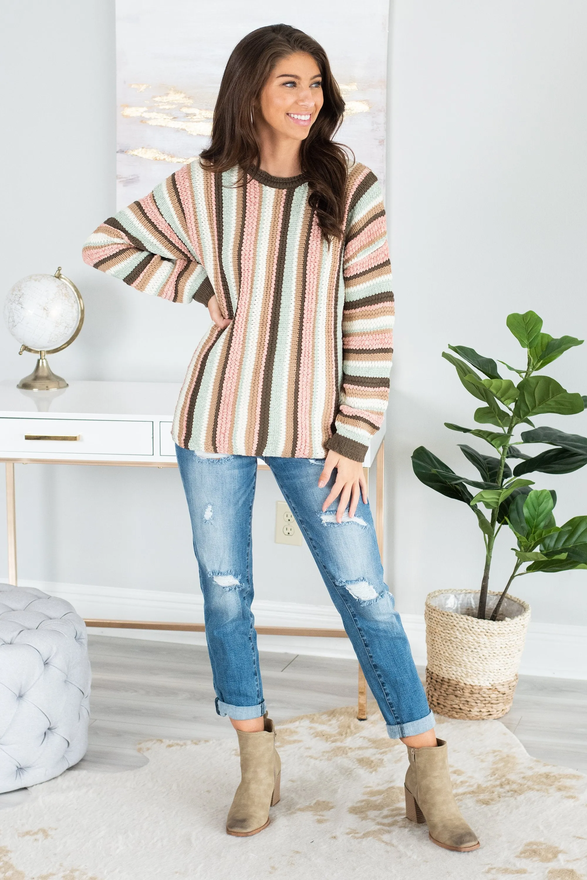 Chill Out Olive Green Striped Sweater