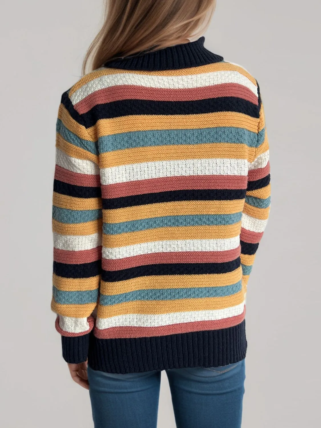 Contrast Stripes Turtleneck Long Sleeve Sweater