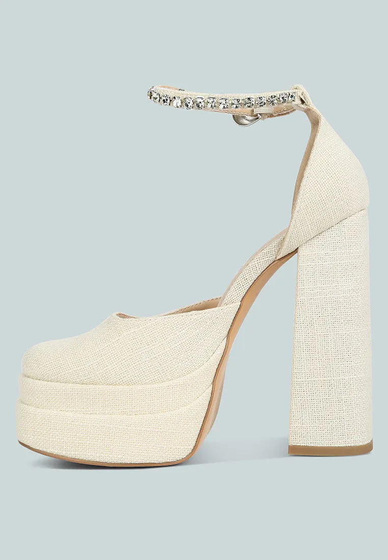 COSETTE Diamante Embellished Ankle Strap High Block Heel Sandals in Off White