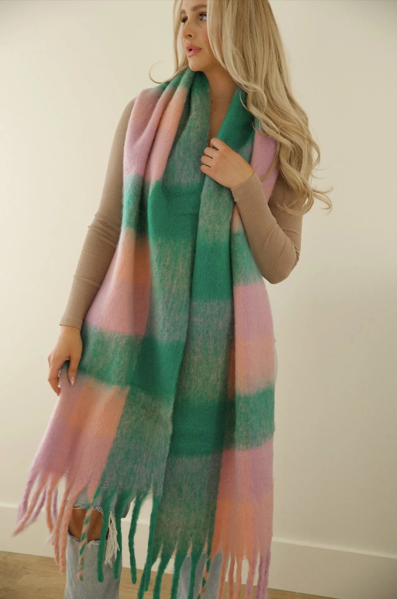 Cozy Feels Multicolor Fringe Scarf - Green/Lavender