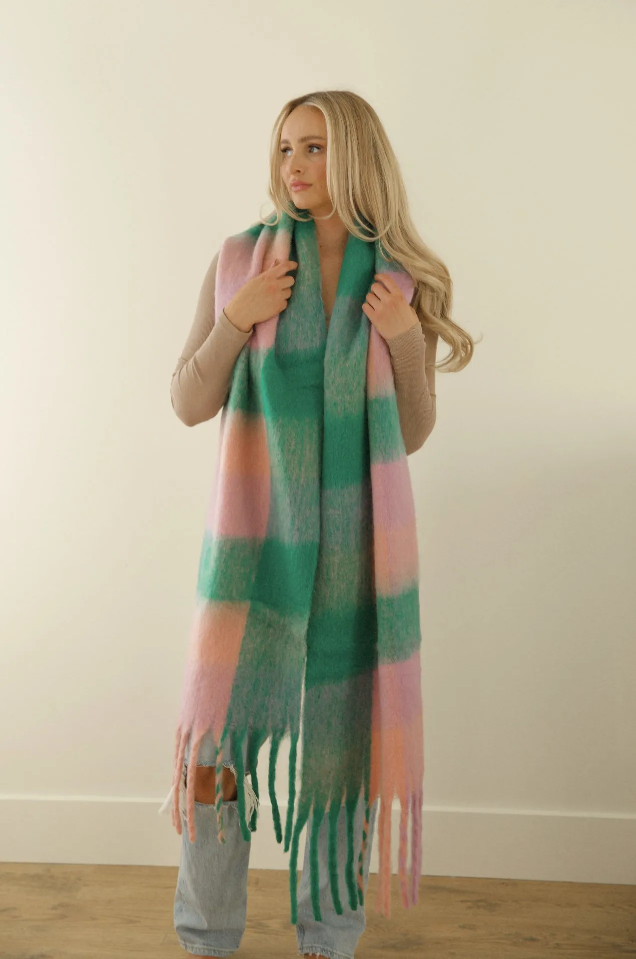 Cozy Feels Multicolor Fringe Scarf - Green/Lavender