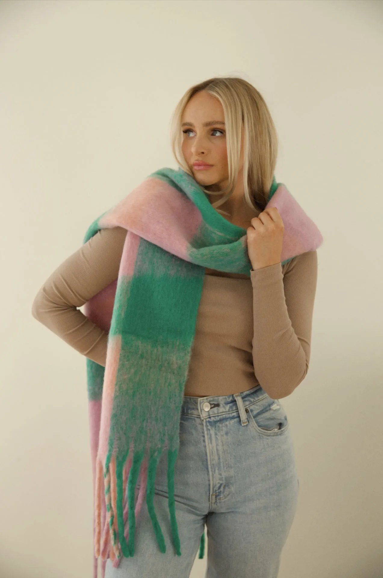 Cozy Feels Multicolor Fringe Scarf - Green/Lavender