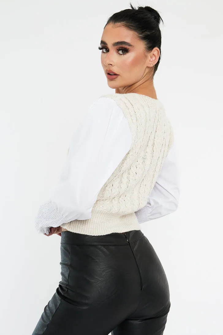 Cream Contrast Sleeves Knitted Top - Mckaela