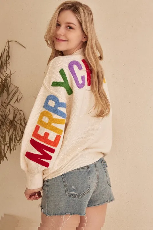 Cream Ho Ho Ho Merry Christmas Textured Letters Sweater