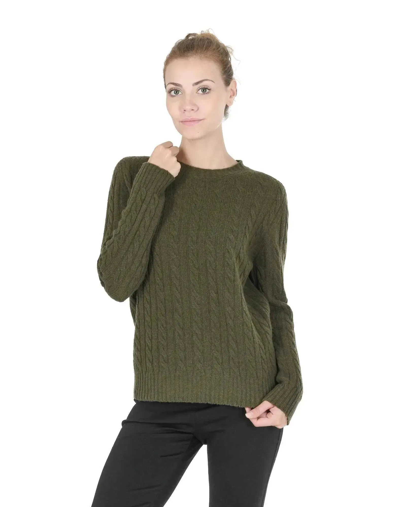 Crown of Edinburgh Cashmere Women's Cashmere Women Round Neck Sweater in Khaki - 38 EU