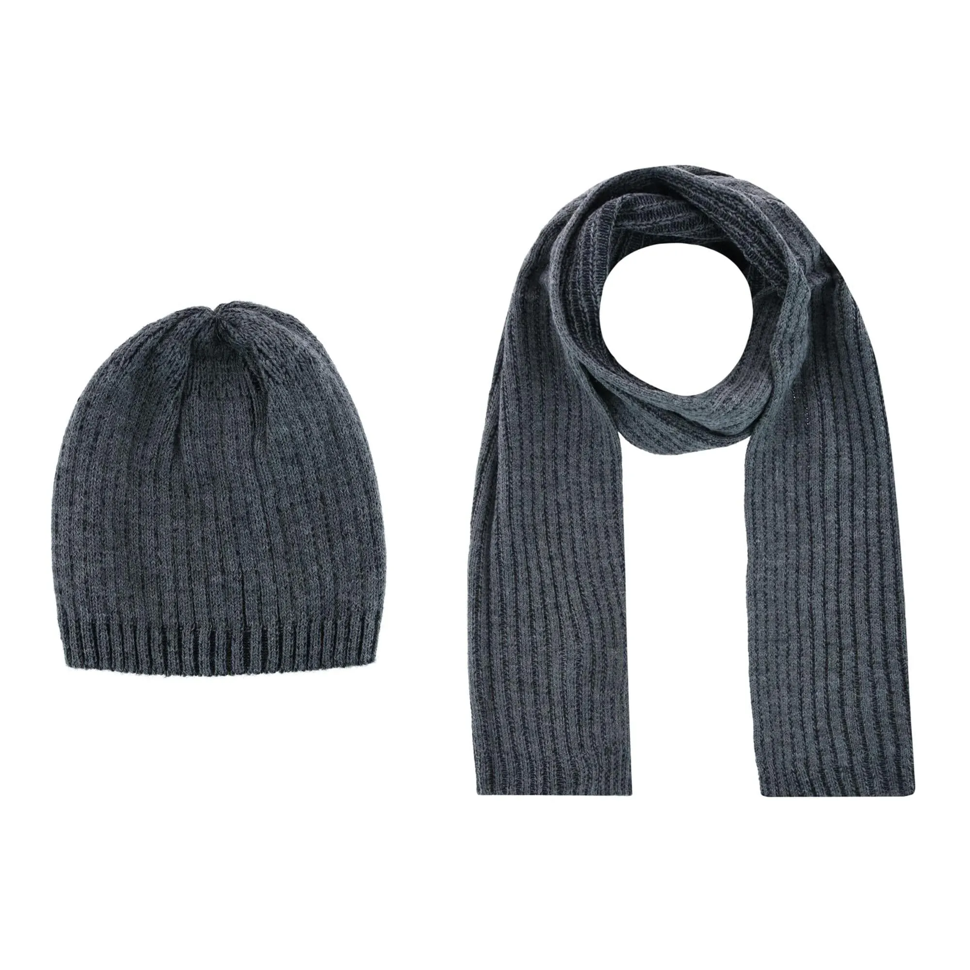 CTM® Men's Ribbed Knit Mixed Wool Beanie and Scarf Set