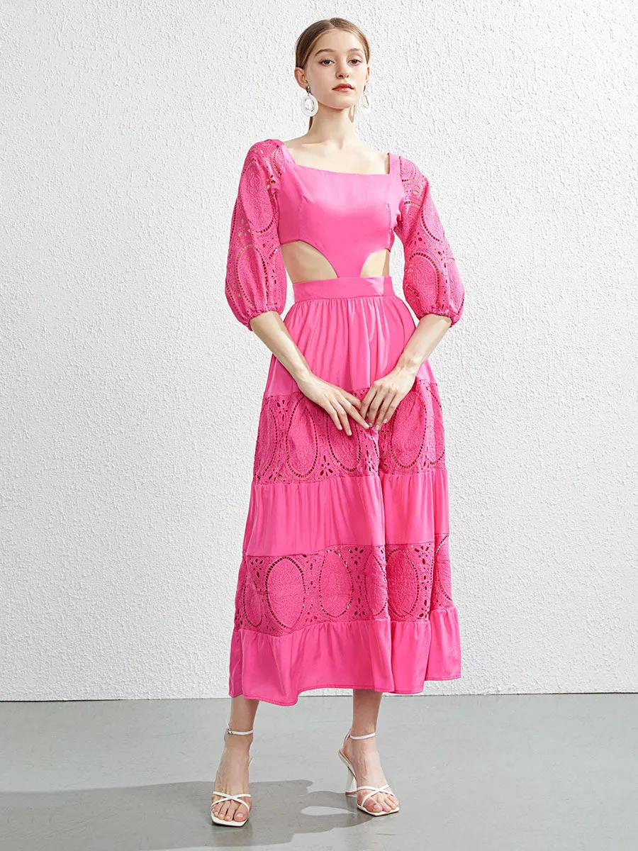 Cut Out Waist Half Sleeves Square Collar Back Strap Swing Boho Dress