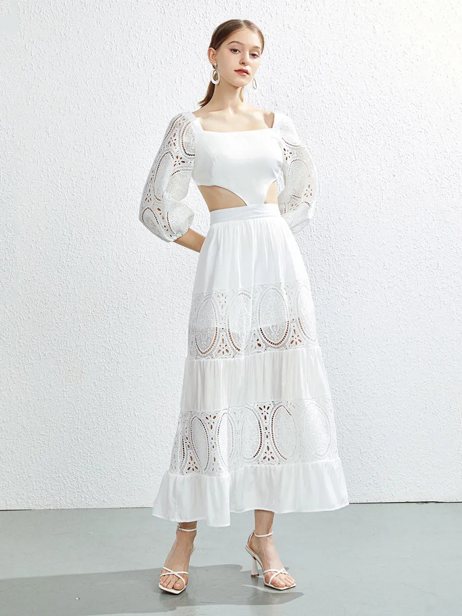 Cut Out Waist Half Sleeves Square Collar Back Strap Swing Boho Dress